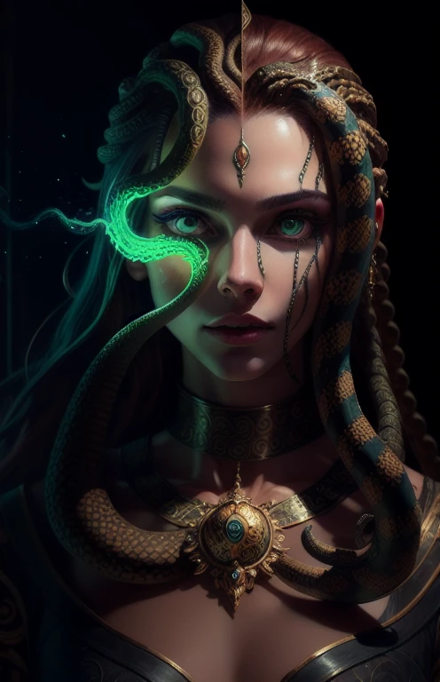((best quality)), ((masterpiece)), ((realistic)), Medusa, full body, the hair is composed of countless small snakes, green eyes, female face, metal carved top, royal aura, trend on artstation , sharp focus, studio photo, intricate detail, very detailed, detailed eye, illustration, very detailed, sharp focus, digital render, professional, 4k