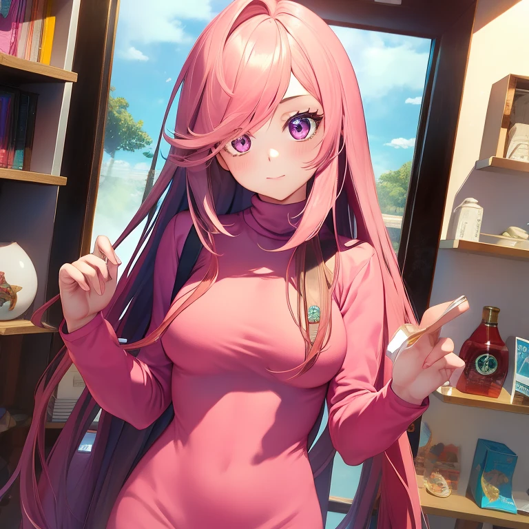 masterpiece, best quality, high resolution, UHD, 8k, ((cowboy shot)), BREAK, 1 girl, ((girl style anime)), Glossy skin, rounded eyes, beautiful eyelashes, realistic eyes, beautiful woman, with purple eyes, long hair, pink hair, with red balayage highlights, dressed in a pink turtleneck sweater, pink fur coat, wearing a pink dress, with bracelets on their wrists, perfect body, medium breasts, BREAK, BREAK, in a clothe store very nice, with a small dog in her hands.