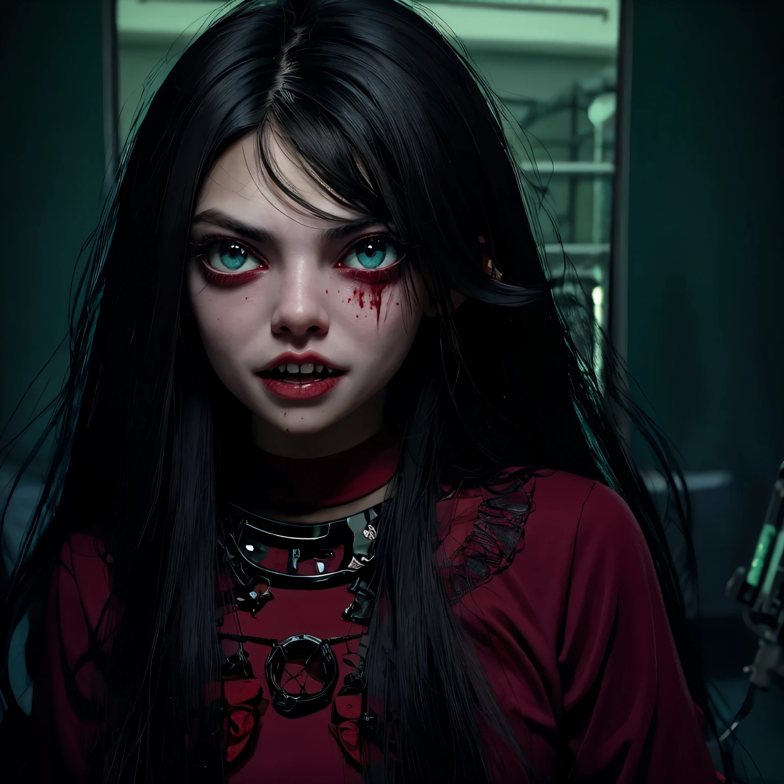 masterpiece, highres, an image of a beautiful nightmare  Mila Kunis fairy goth,angry scream,blood teeth fangs,attack, green eyes, black hair best quality, 8k, best quality, ultra-detailed,1girl, 6 years old, 1girl, lilsis, dirty, blood, red wine pajamas dress, black hair, dress, horror \(theme\), glowing eyes, creepycute,group, (hospital:1.4)