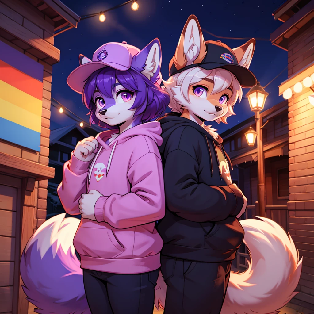 Purple FLUFFY Fox, Bright rainbow eyes, light purple sweatshirt, fluffy tail, Short hair, with a hat
