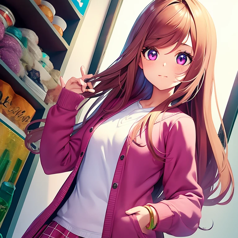 masterpiece, best quality, high resolution, UHD, 8k, ((cowboy shot)), BREAK, 1 girl, ((girl style anime)), Glossy skin, rounded eyes, beautiful eyelashes, realistic eyes, beautiful woman, with purple eyes, long hair, pink hair, with red balayage highlights, dressed in a pink cardigan jacket, wearing a pink skirt with bracelets on their wrists, perfect body, medium breasts, BREAK, BREAK, in a clothe store very nice, with a small dog in her hands.