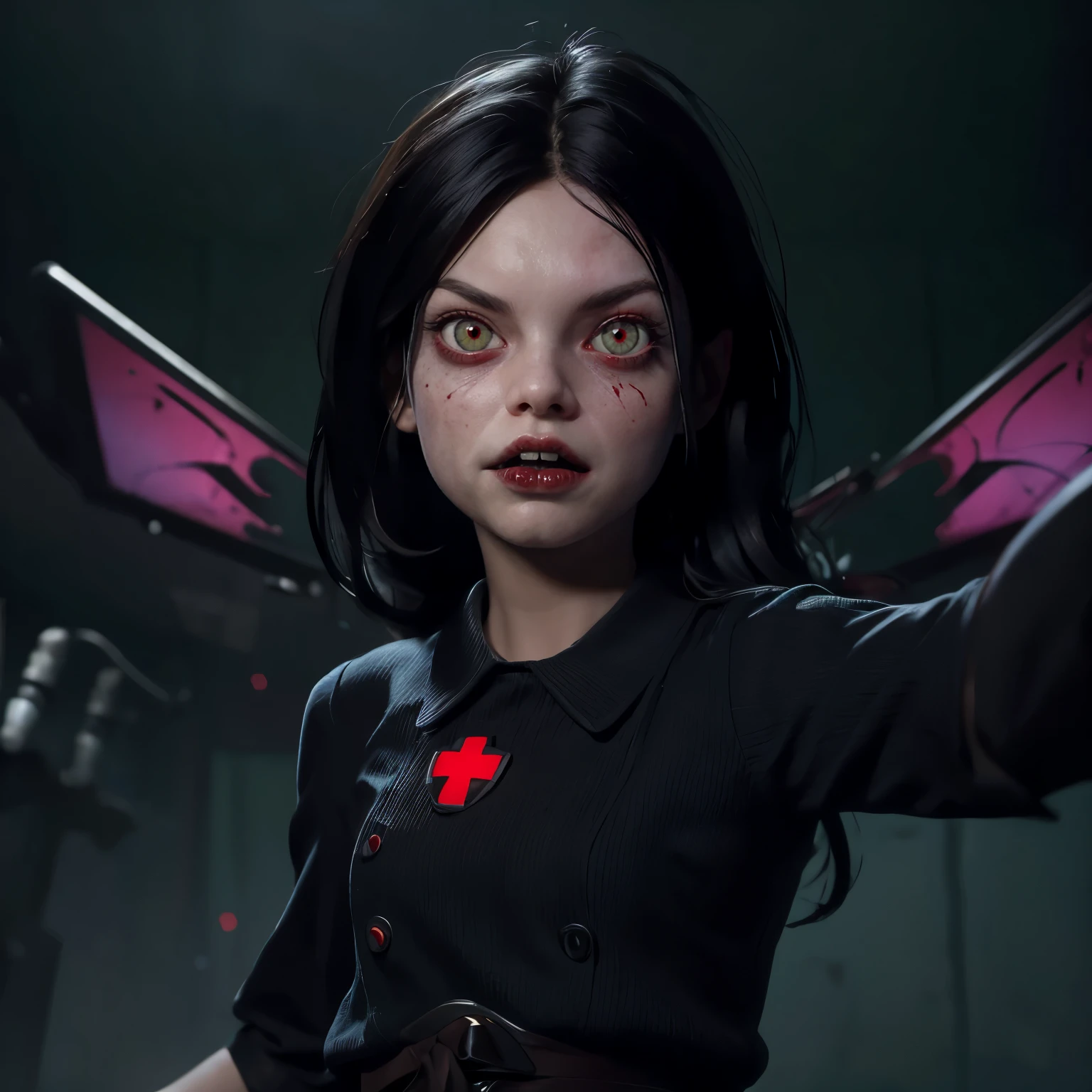 masterpiece, highres, an image of a beautiful nightmare  Mila Kunis fairy goth,angry scream,blood teeth fangs,attack, green eyes, black hair best quality, 8k, best quality, ultra-detailed,1girl, 6 , 1girl, lilsis, dirty, blood, red wine pajamas dress, black hair, dress, horror \(theme\), glowing eyes, creepycute,group, (hospital:1.4)