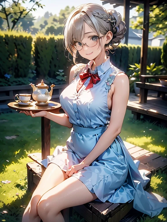 (best quality, masterpiece), (ultra high resolution, 8K RAW photo, photo realistics:1.5, textile shading, thin outline, clear focus:1.2), Beautuful Matured woman preparing tea-time in the garden, standing by the round table, (tea set, tea pot, tea cups, some Strawberrycakes on dish), classy art deco style table, wearing light_brown maid uniform, breast cleavage:1.2, maid costume:1.2, long flare skirts, apron, bow ties on thechest, long tall sally, long legs, long silver white hair, (wearing thin-flame glasses:1.2), (milf:1.5, 28 years old, solo), (medium breast, sagging breast, big tits, narrow waist), (medium short white hair, hair over one eye, (updo hair:1.2), side lock, asymmetric hair, wavy hair), (bright pupils, detailed eyes, high detailed face, Perfect face shape, eye rush), (seductitve smiling, half-closing eyes), (looking at viewers:1.3), (dynamic angle, full body, from above:0.9), ((correct anatomy:1.5, correct hands)), (ideal ratio of body proportions), (outdoor:1.2, grass field),
