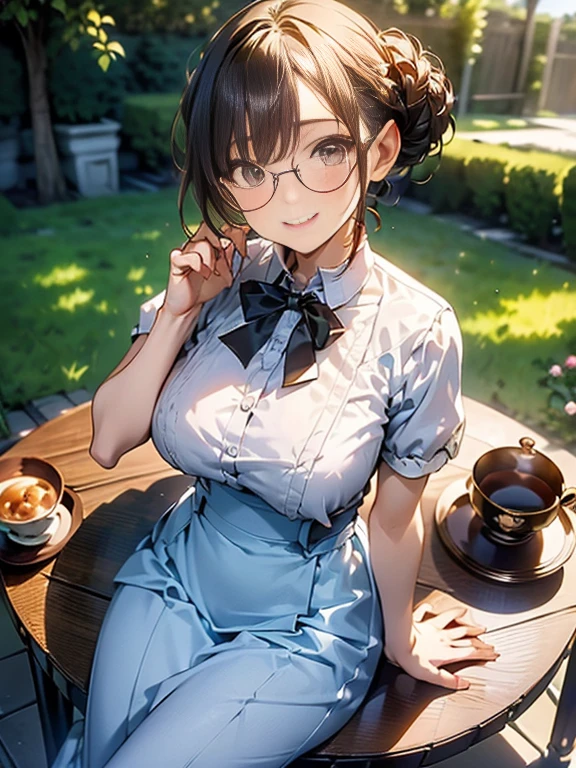 (best quality, masterpiece), (ultra high resolution, 8K RAW photo, photo realistics:1.5, textile shading, thin outline, clear focus:1.2), Beautuful Matured woman preparing tea-time in the garden, standing by the round table, (tea set, tea pot, tea cups, some Strawberrycakes on dish), classy art deco style table, wearing light_brown maid uniform, breast cleavage:1.2, maid costume:1.2, long flare skirts, apron, bow ties on thechest, long tall sally, long legs, long silver white hair, (wearing thin-flame glasses:1.2), (milf:1.5, 28 years old, solo), (medium breast, sagging breast, big tits, narrow waist), (medium short white hair, hair over one eye, (updo hair:1.2), side lock, asymmetric hair, wavy hair), (bright pupils, detailed eyes, high detailed face, Perfect face shape, eye rush), (seductitve smiling, half-closing eyes), (looking at viewers:1.3), (dynamic angle, full body, from above:0.9), ((correct anatomy:1.5, correct hands)), (ideal ratio of body proportions), (outdoor:1.2, grass field),
