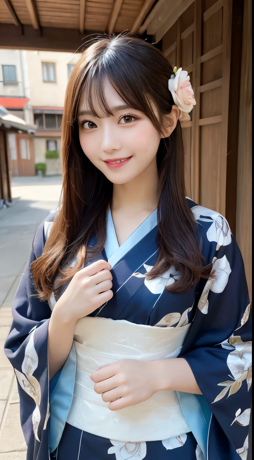Tabletop, highest quality, figure, Very detailed, In detail, High resolution, 8k wallpaper, Perfect dynamic composition, Beautiful fine details, kimono,Medium Hair, Center of chest, Natural color lip, Random sexy poses,smile,shrine，Flower Hair Ornaments，cute，smile，looking at the camera，
