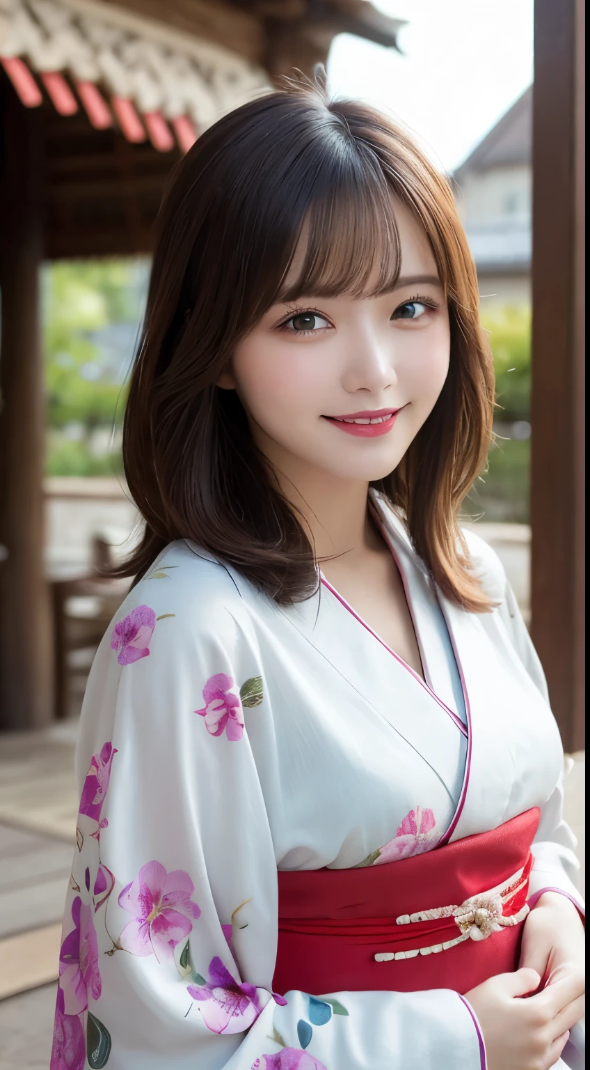 Tabletop, Highest quality, shape, Very detailed, In detail, High resolution, 8k wallpaper, Perfect dynamic composition, Beautiful details, kimono,Medium Hair, Center of chest, Natural color lip, Random sexy poses,smile,shrine，Flower Hair Ornaments，cute，smile，Looking into the camera，