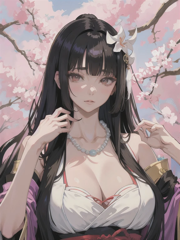 Konohanasakuyahime,Magatama Necklace,Long Hair,Black Hair,Beautiful face,older sister,A beautiful woman,cherry blossoms,Large Breasts,24-years-old,beautiful,kind,Elegant,Quiet,Creating Bangs