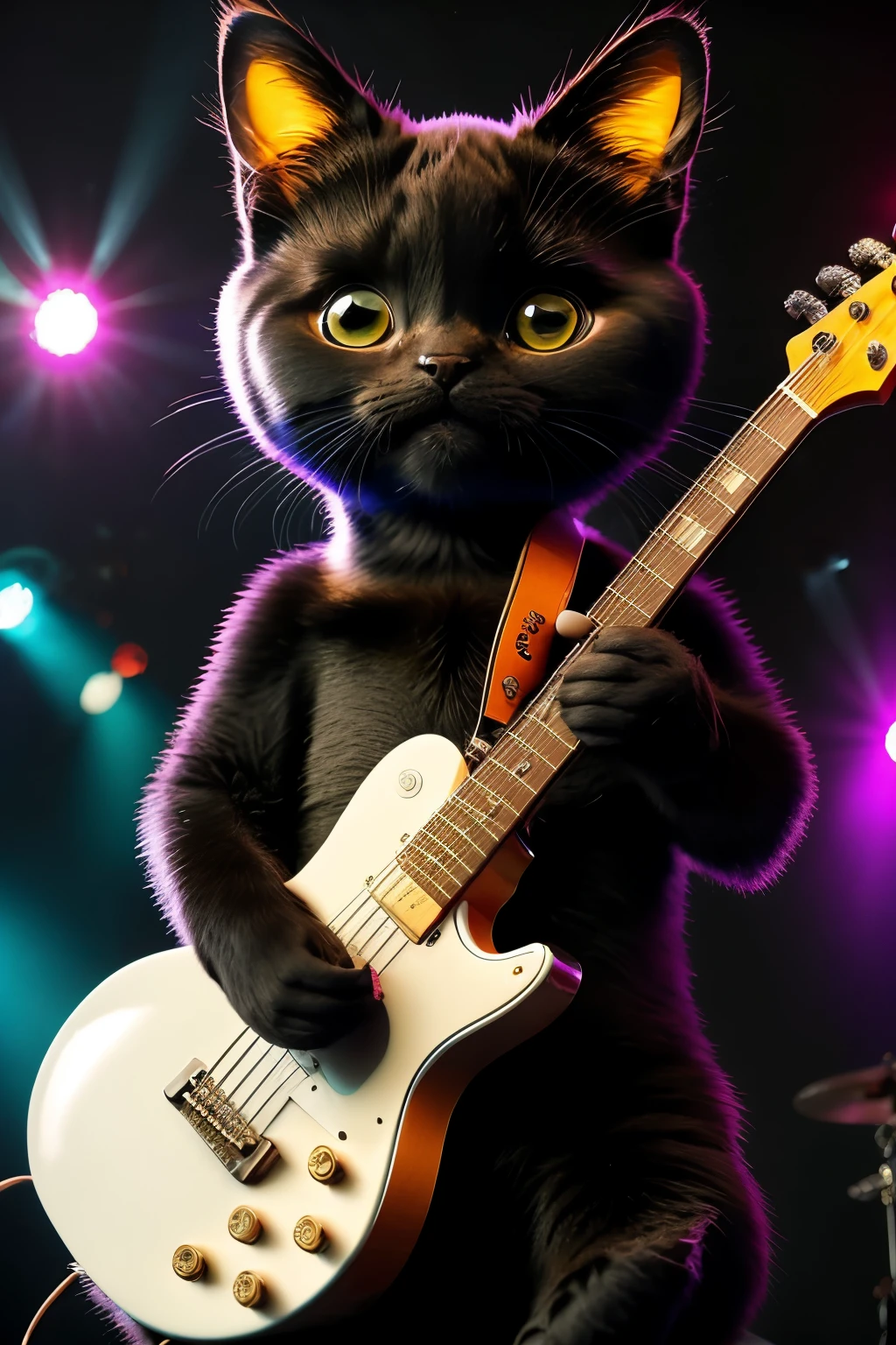 A musical band composed of cats, ((unchanged perfection)), ((obra-prima)), ((true to reality)), making beautiful harmonies with guitar, ((guitarra)), bass, ((baixo)), keyboard, ((teclado)), and drums, ((bateria)). The singer, a sleek black cat with a microphone, performs with a captivating, feline grace. This digital art image exhibits high-definition details, ((melhor qualidade)). The colors are vibrant and intricately blended, creating a vivid, cinematic scene. SFW, the cats' eyes are full of expression as they play their instruments, radiating energy and charm. The band's