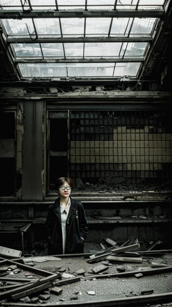 subway,Showa,Collapse,Devastation,Inside the ruins,Glasses,Women,adventure,Black and White,