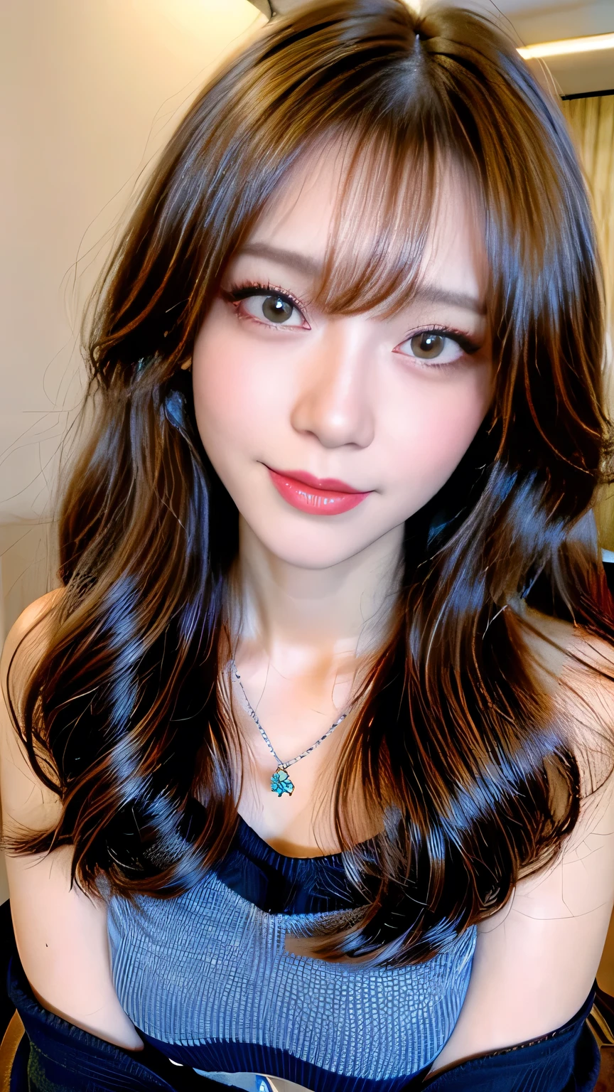 Full Body Angle、((highest quality, 8K, masterpiece: 1.3)), concentrated: 1.2, Cute girl 1,Nipples erect、Braless walk、 Perfect beauty: 1.4,Striped drop shoulder sweater: 1.2,Long sleeve、Randall Color、comics&Text Graphics、Black ruffle-trimmed drawstring zip blouse,1.1, Highly detailed face and skin textures, Fine grain, double eyelid, whitening skin, ,highest quality,Ultra-high resolution,you,1 girl,alone,_Shiny_skin,Iris,necklace,((Brown_length_Wavy_hair)),(lips)),eyelash,Front hair,deal with,compensate,Shiny,pore,skin texture,Large Breasts、smiling face、living、