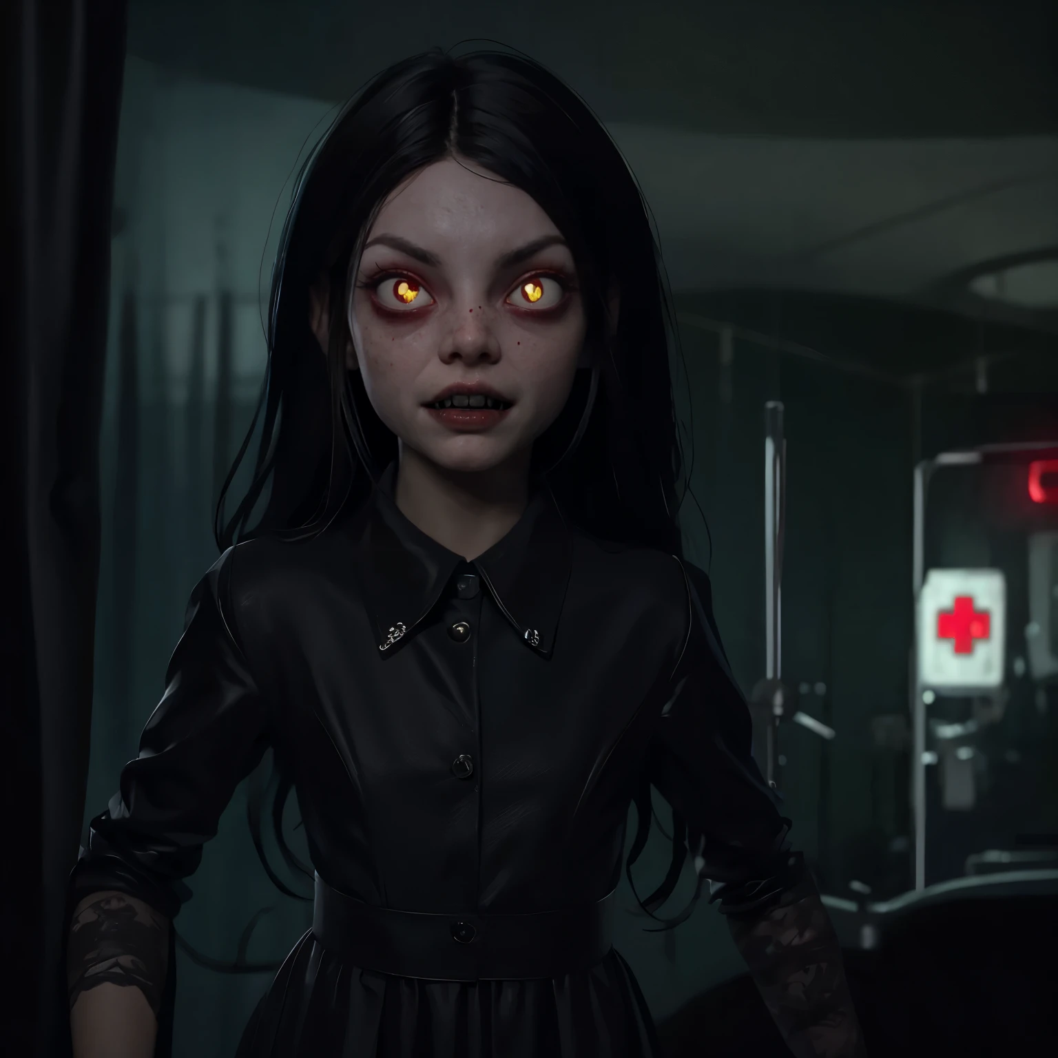 masterpiece, highres, an image of a beautiful nightmare  Mila Kunis vampire goth,angry scream,blood teeth fangs,attack, green bright eyes, black hair best quality, 8k, best quality, ultra-detailed,1girl, 6 , 1girl, lilsis, dirty, blood, red wine pajamas dress, black hair, dress, horror \(theme\), glowing eyes, creepycute,group, (hospital:1.4)