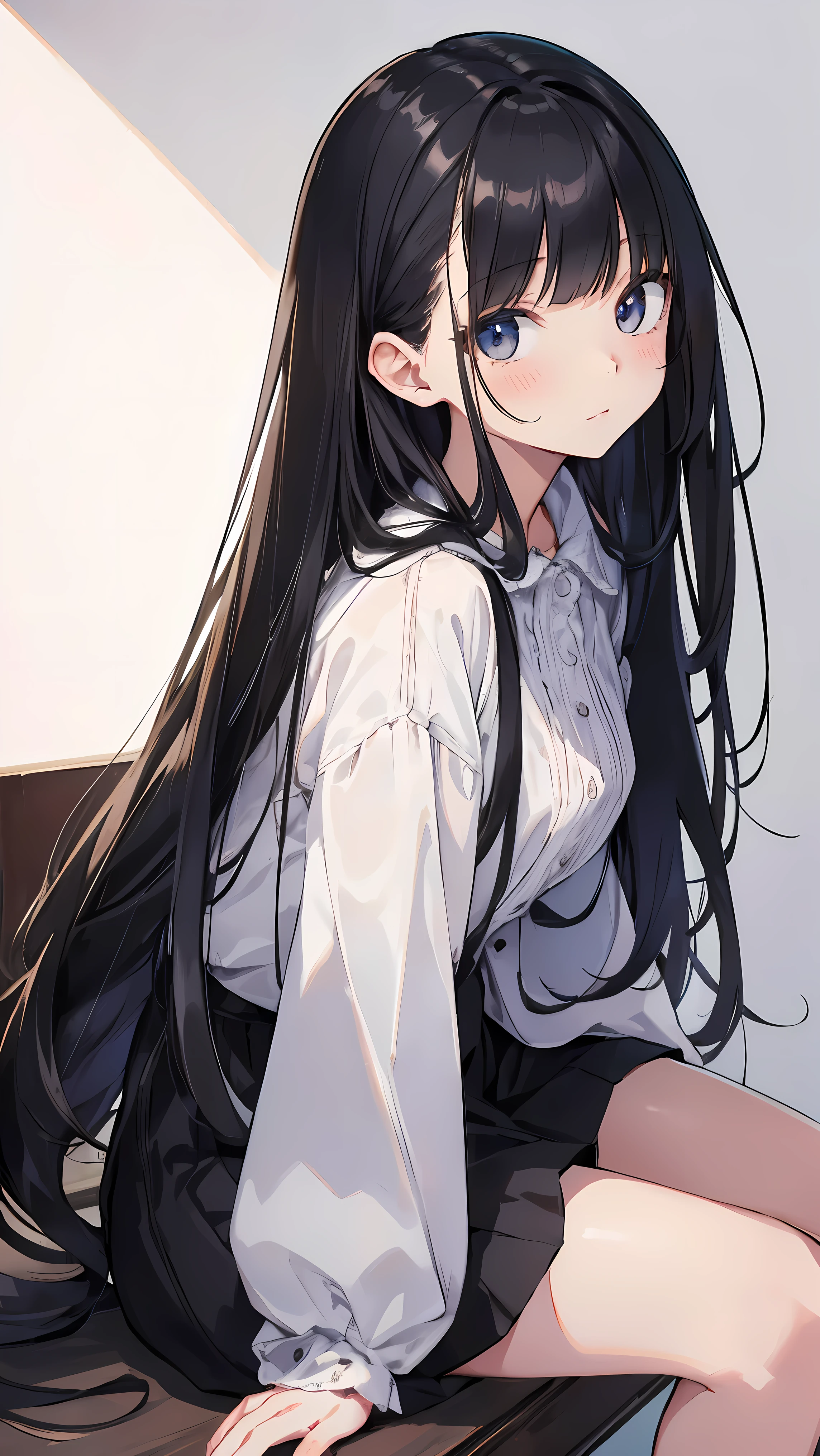 Masterpiece、Highest quality、highest quality、Black Hair、(((Lori)))、 ((Petite))、Shiny hair quality、Small face、Sitting、Super detailed, beautiful, wide eyes、Ultra-detailed, clear and beautiful faces、(cute illustration:1.2), High-resolution, ultra-detailed, best quality, embarrassed