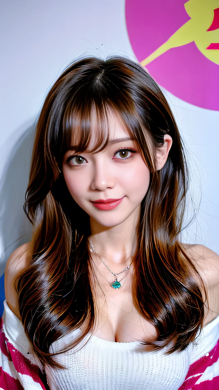 Full Body Angle、((highest quality, 8K, masterpiece: 1.3)), concentrated: 1.2, Cute girl 1,Nipples erect、Braless walk、 Perfect beauty: 1.4,Striped drop shoulder sweater: 1.2,Long sleeve、Randall Color、comics&Text Graphics、Black ruffle-trimmed drawstring zip blouse,1.1, Highly detailed face and skin textures, Fine grain, double eyelid, whitening skin, ,highest quality,Ultra-high resolution,you,1 girl,alone,_Shiny_skin,Iris,necklace,((Brown_length_Wavy_hair)),(lips)),eyelash,Front hair,deal with,compensate,Shiny,pore,skin texture,Large Breasts、smiling face、living、