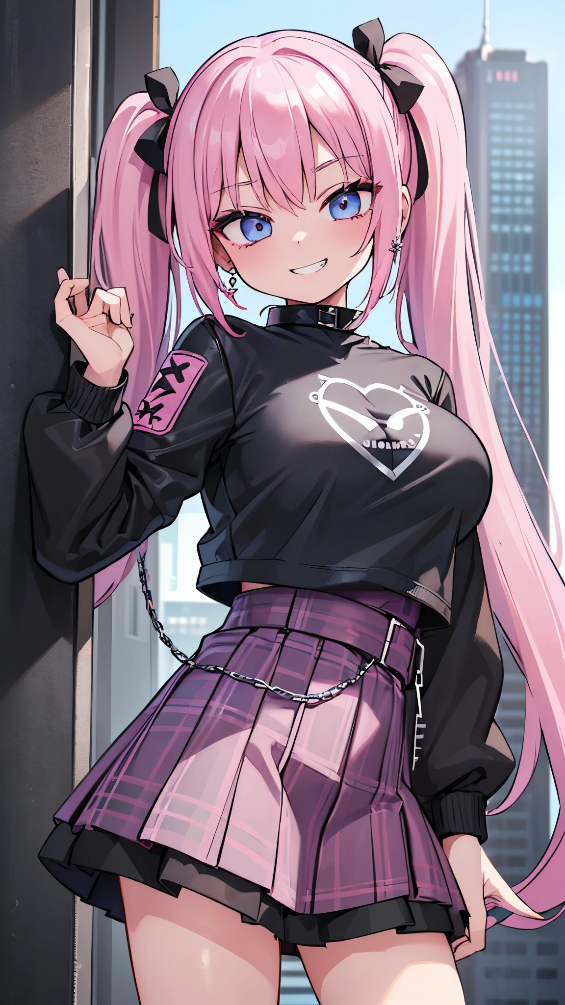 (masterpiece、highest quality、Super detailed)、((One girl))、((Pink Hair))、((Twin tails))、((Light blue eyes))、evil smile、((Grin))、Earrings、((Very large breasts))、((Black T-shirt))、((Black Leather Jacket))、((Checked skirt))、edgpskirt、Multiple Chains、Cowboy Shot、City Background