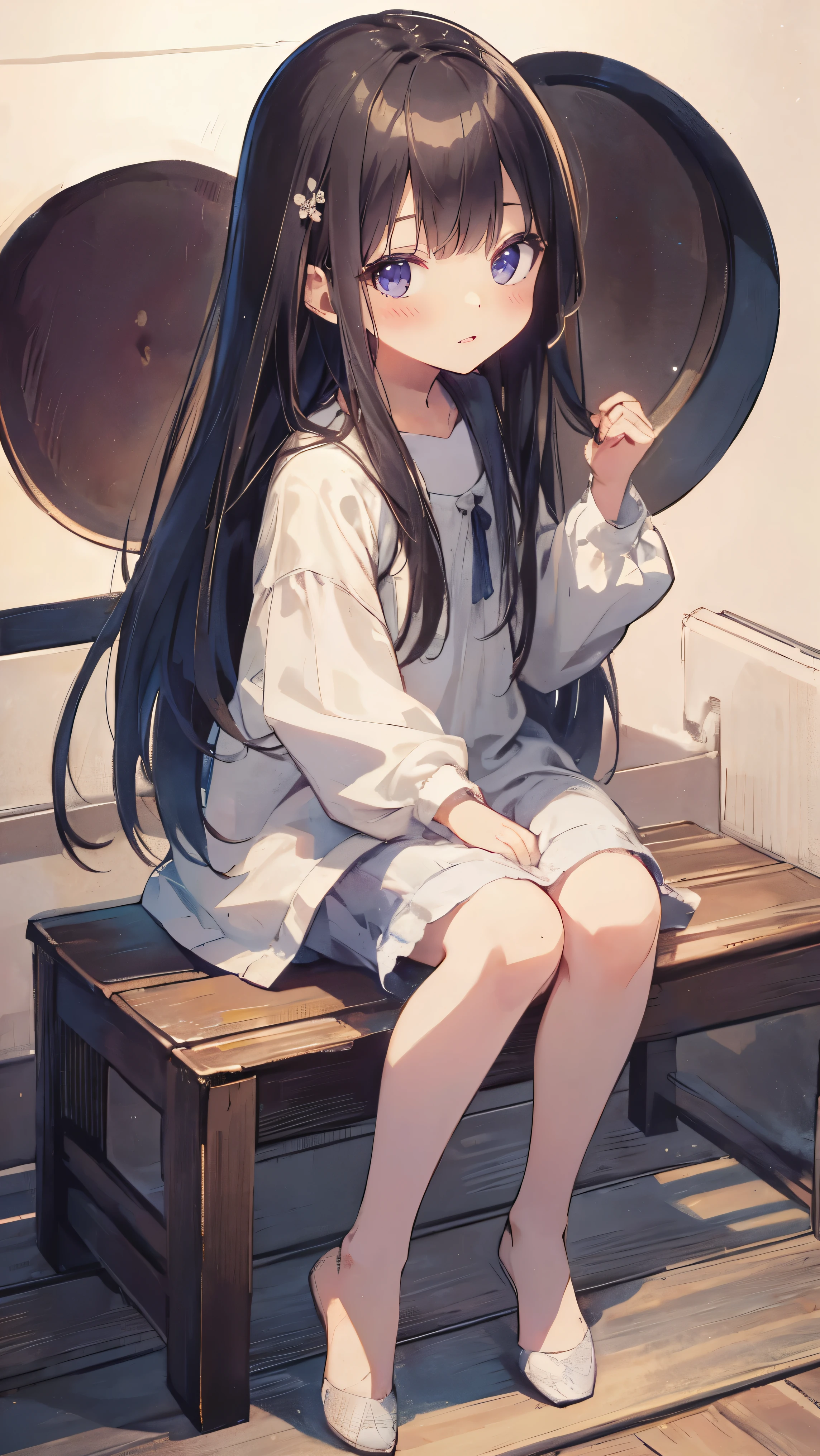 Masterpiece、Highest quality、highest quality、(((Lori)))、 ((((Petite)))))、Shiny hair quality、Small face、Sitting、Super detailed, beautiful, wide eyes、Ultra-detailed, clear and beautiful faces、(cute illustration:1.2), High-resolution, ultra-detailed, best quality, embarrassed