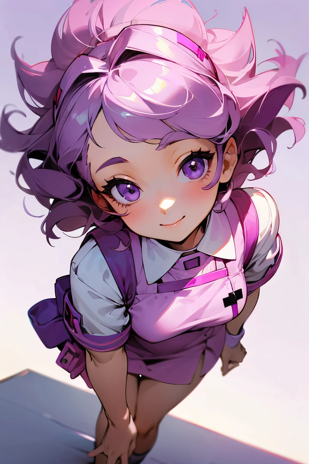 Cute girl alone, sweet smile, nurse outfit, short dress, short nurse outfit, cute, darling, lavender hair, close up pose, wavy hair