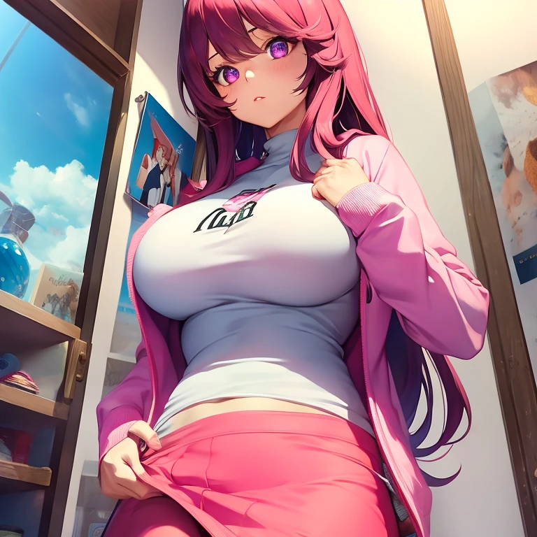 masterpiece, best quality, high resolution, UHD, 8k, ((cowboy shot)), BREAK, 1 girl, ((girl style anime)), Glossy skin, rounded eyes, beautiful eyelashes, realistic eyes, beautiful woman, with purple eyes, long hair, ((pink hair)), with red balayage highlights, dressed in a pink cardigan jacket, with a pink turtleneck t-shirt, wearing a pink skirt with bracelets on their wrists, perfect body, big breasts, BREAK, BREAK, in a clothe store very nice.