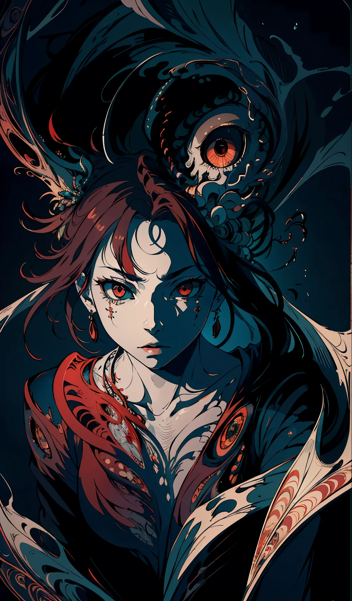 (masterpiece, best quality, hires, high resolution:1.2), (extremely detailed, intricate details, highres), hauntingly beautiful face red eyes, emerges from the depths, red dark abyss, piercing eyes,hidden depths of the soul, mysterious beauty, intricate abstract, intricate artwork, non-representational, colors and shapes fluorescent , expression of feelings, imaginative, highly detailed
