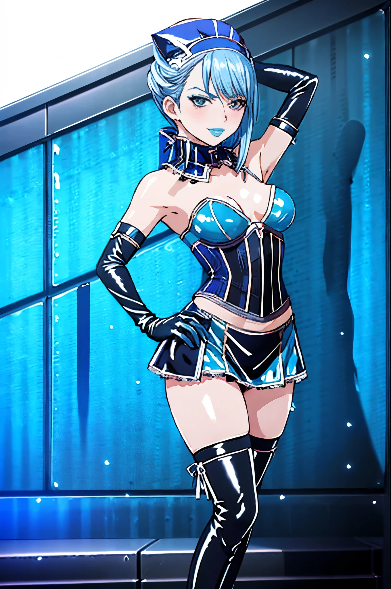 BDSM、Queen、mistress、One girl、solo、(((Long gloves covered in blue latex:1.4 )))、(((Black latex corset dress:1.4)))、(((The corset dress is decorated with beautiful lace.)))、(((corset dress with shoulder straps)))、(((Blue latex tight mini skirt:1.4)))、(((青いThigh-high boots)))、Stiletto heels、(((Blue latex panties)))、(((Black latex bra)))、(((Blue leather collar)))、(((Sexy pose)))、Wide-open legs、(((Erotic)))、(((Cowboy Shot)))、Masterpiece、High resolution、high resolution、8K UHD、Blue Rose、One girl、short hair、Blue Hair、Blue Lips、Superhero、Have,Elbow hand pockets、Pelvic Curtain、Thigh-high boots、whole body、Are standing、Hands on hips、Frowning、Wicked Smile、Cold gaze、Contempt、laugh at、blush:1.4