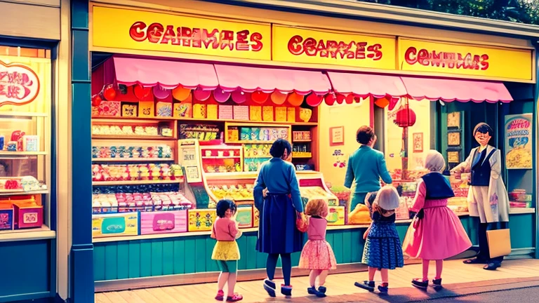 Showa candy shop、Japan candy shop、Sweets and snacks in the store、There are lots of things to play with and play equipment、kite、top、Menco、Marble。Playing、Surprise Ball、pistol、firework、balloon、Beigoma、Model、ミニカなどが並んでいるShowa candy shop、Children and an old woman shopping at a candy store、Children and an old woman shopping at a candy store、Children and an old woman shopping at a candy store、1960Around the age of、1970Around the age of、