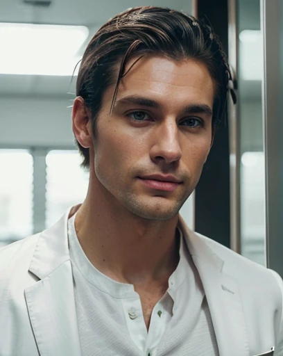 handsome 35 year old desirable caucasian man with distinguished features, ((wearing a white suit jacket and black shirt)), ((brushing his hair)), athletic build, tall height, light brown medium length hair, clean cut haircut, shaved face, (intriguing green eyes), seductive smile with a gentle expression, detailed depiction of facial features, perfectly symmetrical face, crisp details, ultra-fine rendering, indoor lighting which masterfully accentuates his excellent features,
