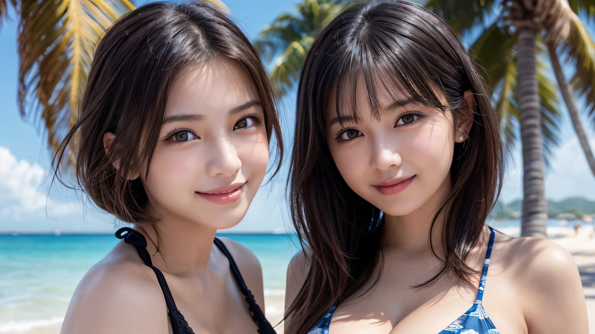 (2girl), enchanting smile, (extremely detailed beautiful face), (highly detailed eyes, highly detailed face), (mid bob hair), (bikini, cleavage), Fresh, very clean appearance, (best Quality:1.4), (hyper-realistic, hight resolution), Professional Photography, beach, palm trees, standing, Outdoors, (beach), beautiful bule sky, Close up portrait of girl, staring at me,