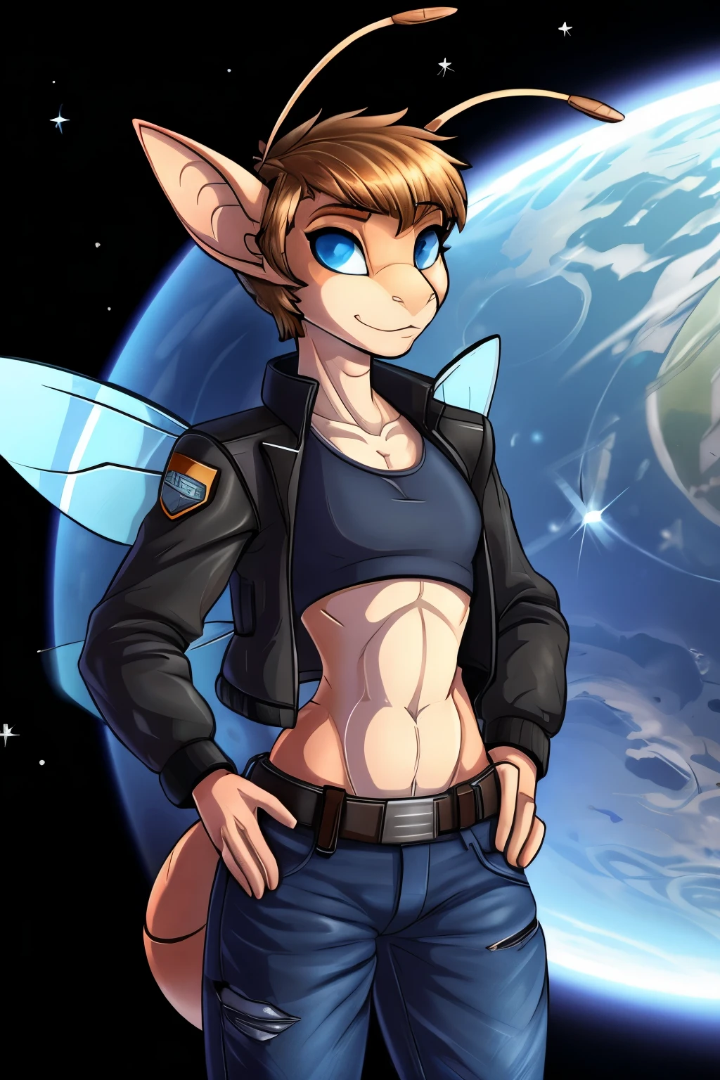 (Cute anthro Ant), Tomboy, elf, pretty face, space station background, thin body, slim, fit, very short hair, dark blonde hair, brushed back hair, blue eyes, flat chested, anthro, insect, (2 Ant Antenna), bug wings, adjatha, utility belt, cropped jacket, black tanktop, jean pants, SFW