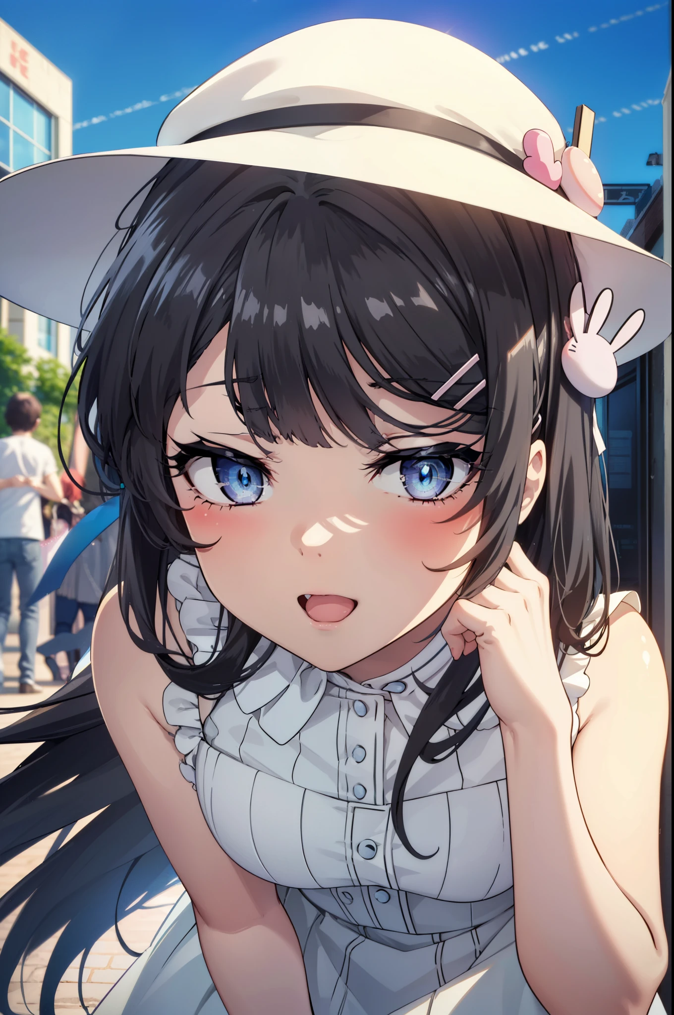 maisakurajima, Mai Sakurajima, Long Hair, bangs, (Black Hair:1.5), hair ornaments, (Purple eyes:1.1), Hair Clip, rabbit hair ornaments,time Daytime,sunny,Light of the sun,
happy smile, smile, Open your mouth,blush,White hat,Sleeveless dress,Long skirt,Cute heeled sandals,Clear skies,Daytime break looking at viewer,whole body, (Cowboy Shot:1. 5) , break outdoors, Building district,In town, break (masterpiece:1.2), highest quality, High resolution, unity 8k wallpaper, (shape:0.8), (Beautiful and beautiful eyes:1.6), Highly detailed face, Perfect lighting, Highly detailed CG, (Perfect hands, Perfect Anatomy),