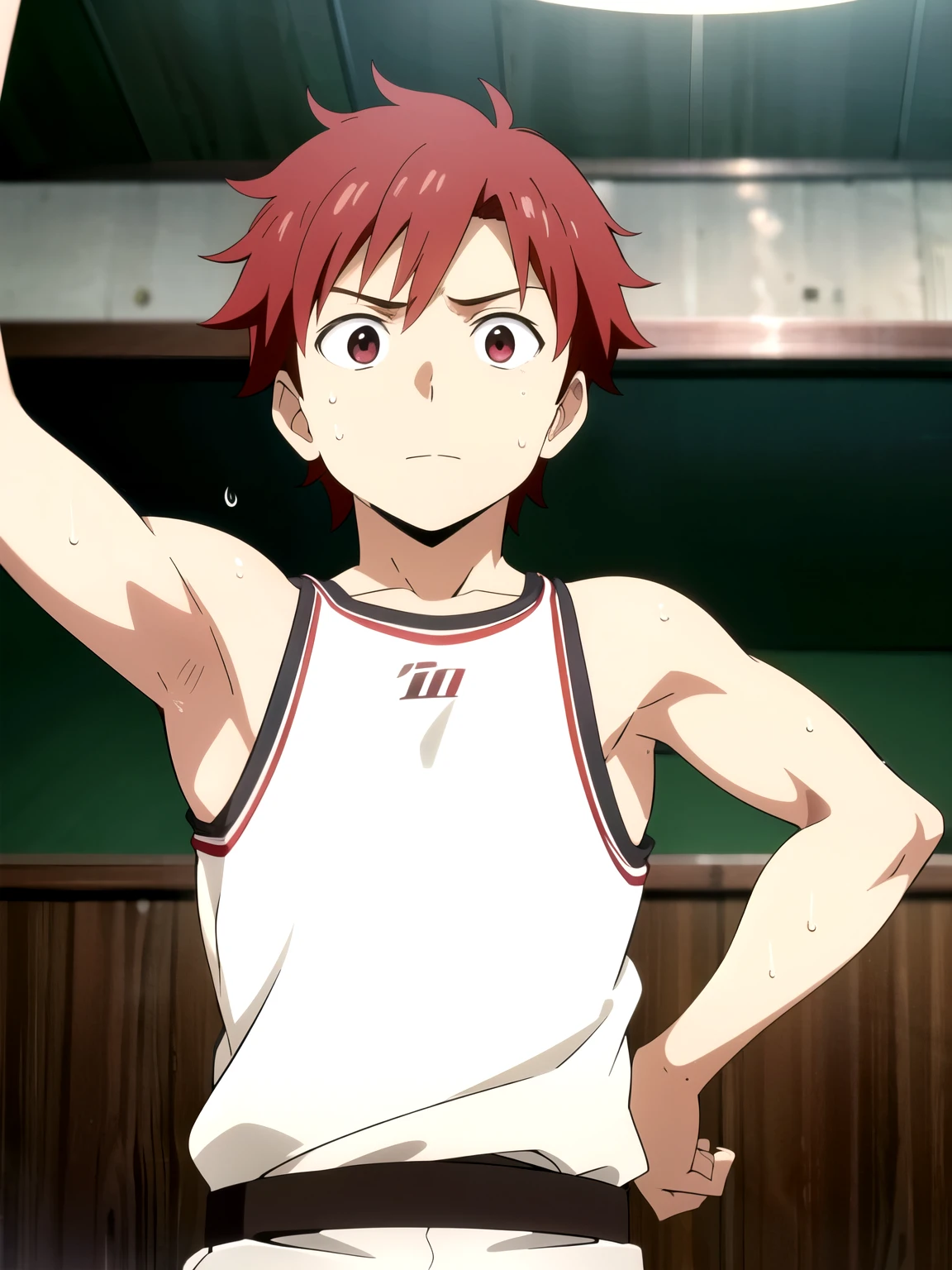 Ultra sharp, Highres, Masterpiece, Best quality at best,Best Quality,hight quality, hight detailed, 1boy, red hair, Shota, Sweat, Upper body, Depth of field, Anime Screencap Style, Seen from front, He looks cute , (Showing armpit:1.3), (very small and short stature), (very young boy), -yeld bo Blurry beckground