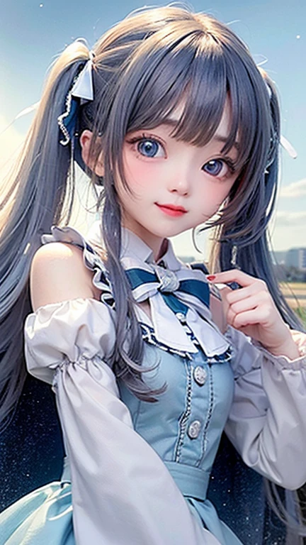 (highest quality, masterpiece), One Girl, Twin tails、stop temporarily, particle, Wind, flower, Upper Body, Simple Background, View audience, , milky way,smile、Turquoise Eyes、(Silver long hair)、cute、Twin tailsWind、Crescent Moon、Light Blue Lolita