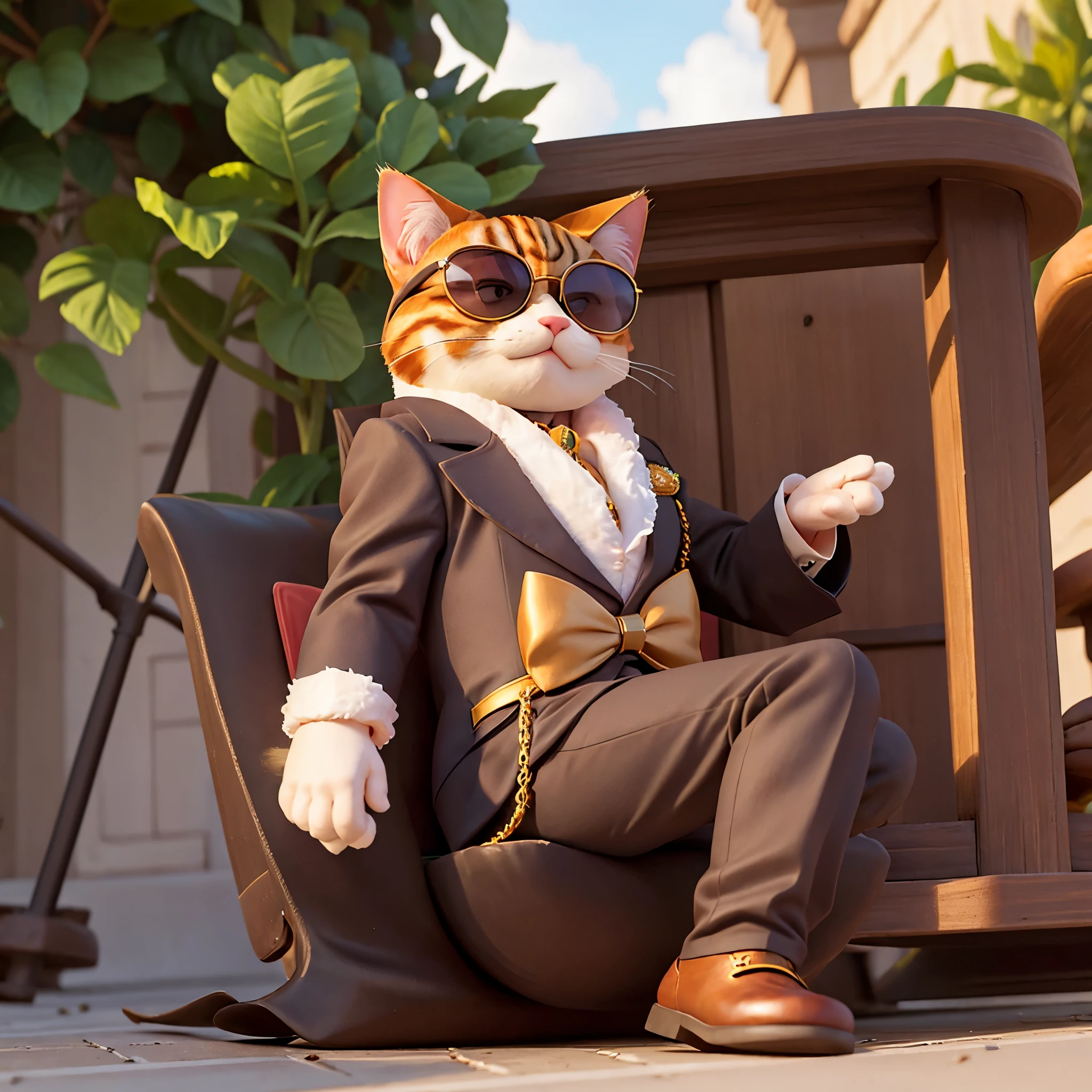 cat in a pimp suit wearing sunglasses, sitting in the playboy mansion, looking devious