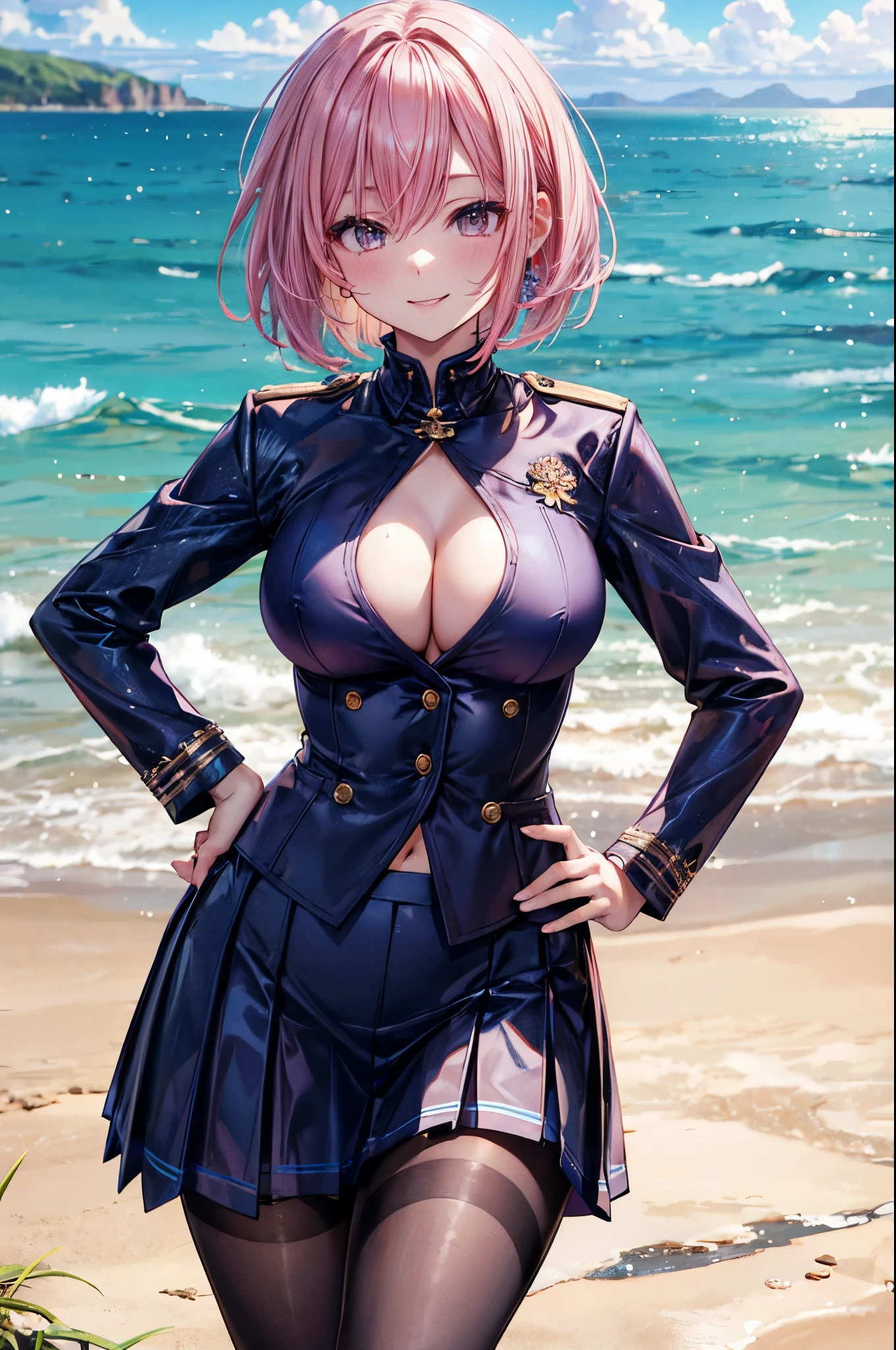 ((skirt suit)), 4 defined fingers, 1 defined thumb, looking at viewer, solo, 1 woman, 25 years old, AI generated, highest quality, masterpiece, skindentation, perfect face, 8k , cowboy shot, short hair, (pink hair1.5), bob cut, black eye, smile, thin thighs, medium breasts, perfect limbs, sexy, (visible nipples:0.9), (camel toe:0.5), standing, ((hand on hip)), pantyhose, standing, ((bright seaside)),close up