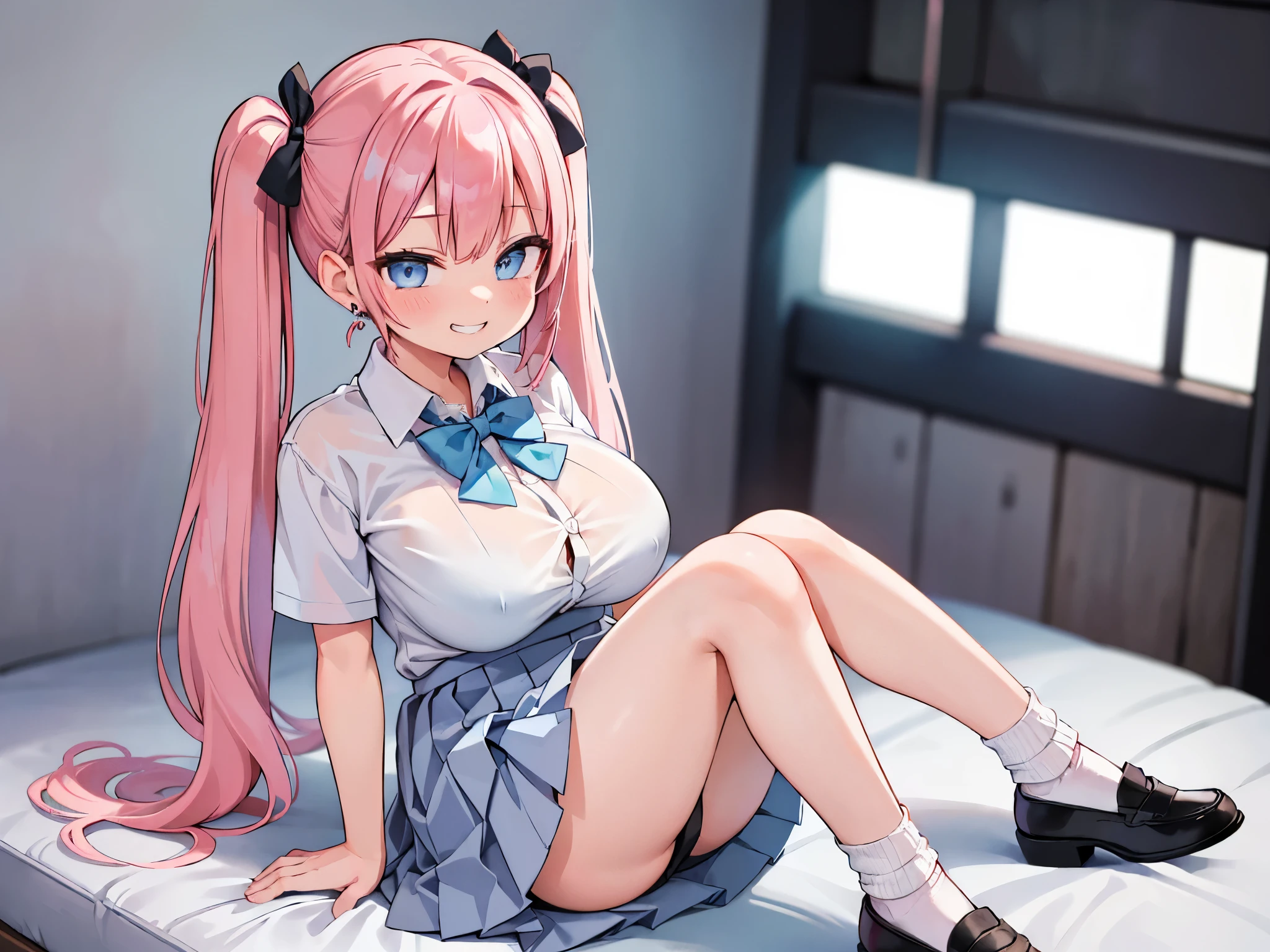 (masterpiece、highest quality、Super detailed)、((One girl))、((Pink Hair))、((Twin tails))、((Light blue eyes))、evil smile、((Grin))、Earrings、((Very large breasts))、light blue bowtie、((White shirt))、Short sleeve、((Black pleated skirt))、((miniskirt))、white socks、Loafers、sitting、knees up、Gym storeroom
