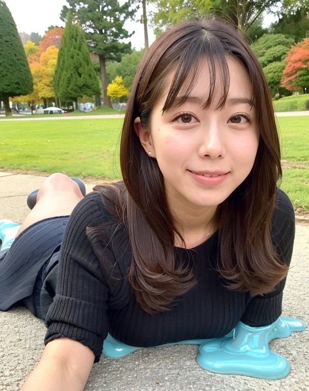 30 year old female teacher，knitted sweater，cleveage，Reveal underwear，black slime shapeshifter，looking at the audience， Wearing only black underwear、cleveage，Long hair，170 cm，Slime Girl ,Pretty Face，cute appearance，Be confident,Upper body melting slime,In the park，There are many maple leaves，autumn，Full body portrait，