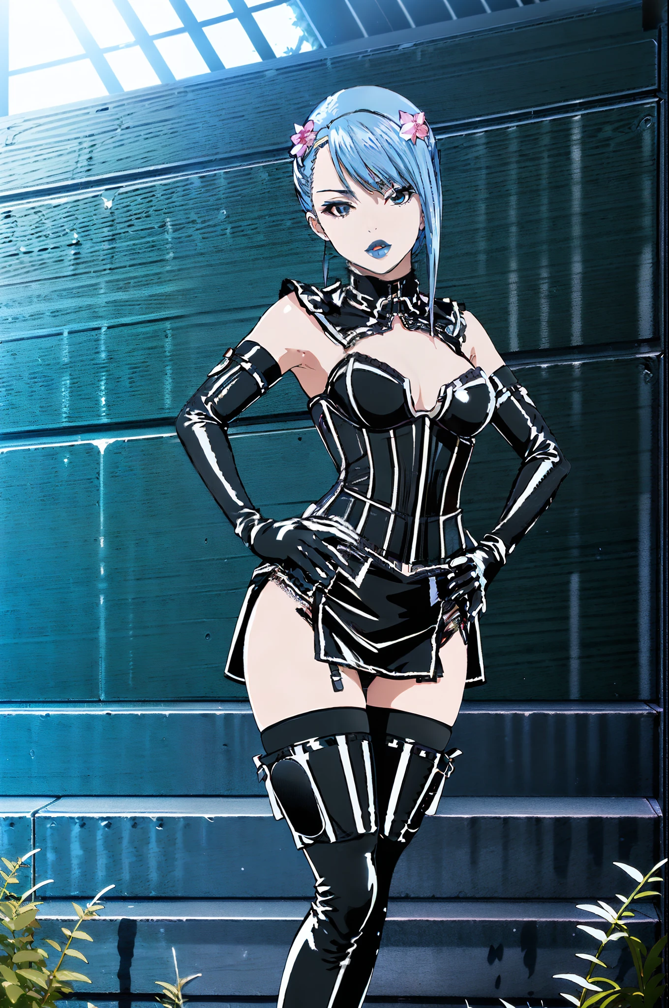 BDSM、Queen、mistress、One girl、solo、(((Long gloves covered to the fingertips in black latex:1.4 )))、(((Black latex corset dress:1.4)))、(((The corset dress is decorated with beautiful lace.)))、(((corset dress with shoulder straps)))、(((Black latex tight mini skirt:1.4)))、(((黒いThigh-high boots)))、Stiletto heels、(((Black latex panties)))、(((Black latex bra)))、(((Black leather collar)))、(((Sexy pose)))、Wide-open legs、(((Erotic)))、(((Cowboy Shot)))、Blue rose,One girl,
short hair,Blue Hair,Blue Lips,
Superhero,Have,
Elbow hand pockets,
Pelvic Curtain,
Thigh-high boots,
whole body,s,Are standing,Hands on hips,
sunlight,nature,null,Grass,flower,wood,plant,Mountain,lake,