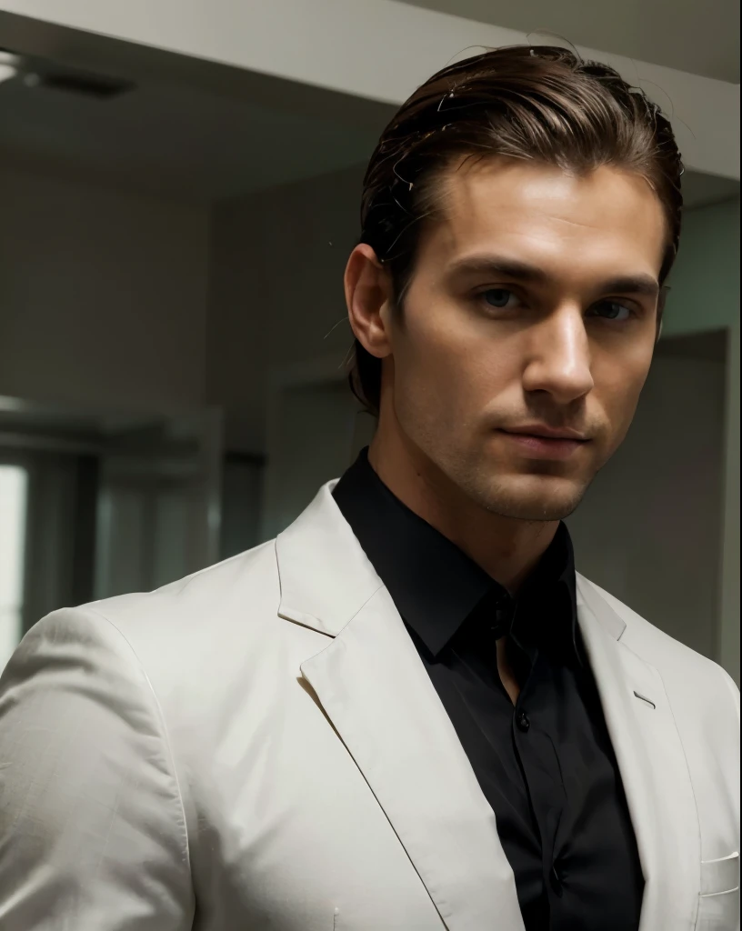 handsome 35 year old desirable caucasian man with distinguished features, ((wearing a white suit jacket and black shirt)), ((brushing his hair)), athletic build, tall height, light brown medium length hair, clean cut haircut, shaved face, (intriguing green eyes), seductive smile with a gentle expression, detailed depiction of facial features, perfectly symmetrical face, crisp details, ultra-fine rendering, indoor lighting which masterfully accentuates his excellent features,