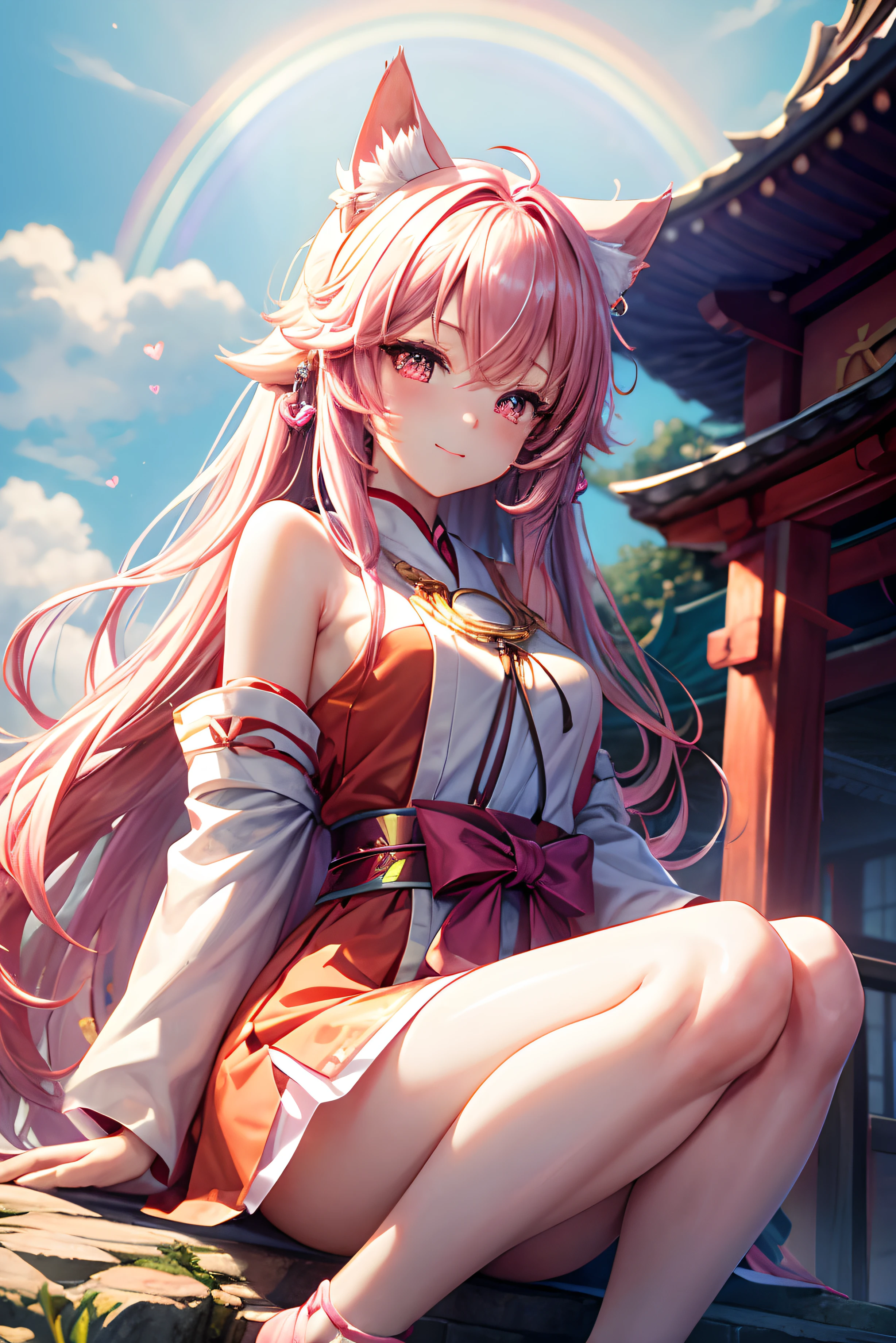 top quality, High resolution, perfekte menschliche Struktur, Hintergrundfokus, Vorderansicht, Regenbogenhaar, leuchtendes Haar, Katzenohren, Miko-Kleidung, Schrein, heart-shaped pupils , welliges Haar, shiny hair, tear, Knie hoch, Pinkes Kleid, nice,
