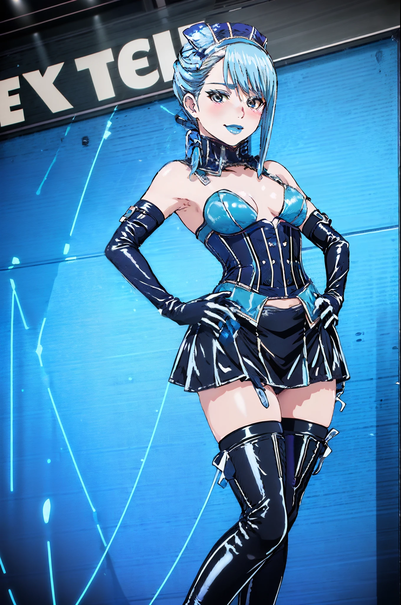 BDSM、Queen、mistress、One girl、solo、(((Long gloves covered in blue latex:1.4 )))、(((Black latex corset dress:1.4)))、(((The corset dress is decorated with beautiful lace.)))、(((corset dress with shoulder straps)))、(((Blue latex tight mini skirt:1.4)))、(((青いThigh-high boots)))、Stiletto heels、(((Blue latex panties)))、(((Black latex bra)))、(((Blue leather collar)))、(((Sexy pose)))、Wide-open legs、(((Erotic)))、(((Cowboy Shot)))、Masterpiece、High resolution、high resolution、8K UHD、Blue Rose、One girl、short hair、Blue Hair、Blue Lips、Superhero、Have,Elbow hand pockets、Pelvic Curtain、Thigh-high boots、whole body、Are standing、Hands on hips、Wicked Smile、Cold gaze、blush