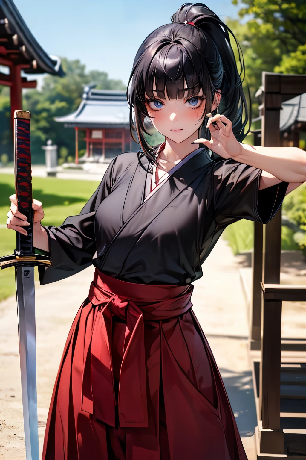 ((perfect anatomy:1.2,realistic:1.4,RAW Photography:1.4,masterpiece、highest quality、Ultra - High resolution、High resolution、Highly detailed CG、8K))),cowboy shot,1 female,solo、18 year old beauty,Japanese,((beautiful detailed face and eyes:1.3,gorgeous eyes:1.3,gray eyes)),black hair,long hair,straight hair,ponytail hair,blunt bangs,blush,(medium breasts,slender body,small head:1.2,skinny),(gleaming skin:1.4,oily skin:1.5,shiny skin)、((holding a Japanese sword in one hand、A detailed depiction of a Japanese sword)),(Slashing action pose:1.5)、Kendo uniform、kimono、Black Hakama、shrine、Domestic、Outdoor、