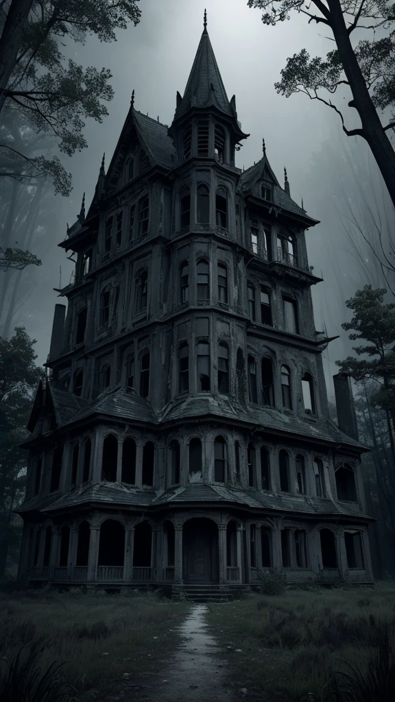 Visualize a scary scenery that shows a dark abandoned mansion (4 floor) in the middle of dark forest at night time (grey, black, shadow, woods, eriee tree, dump, spider web, high grass) no light at all from the house : 1.0, the time is 1:00 AM