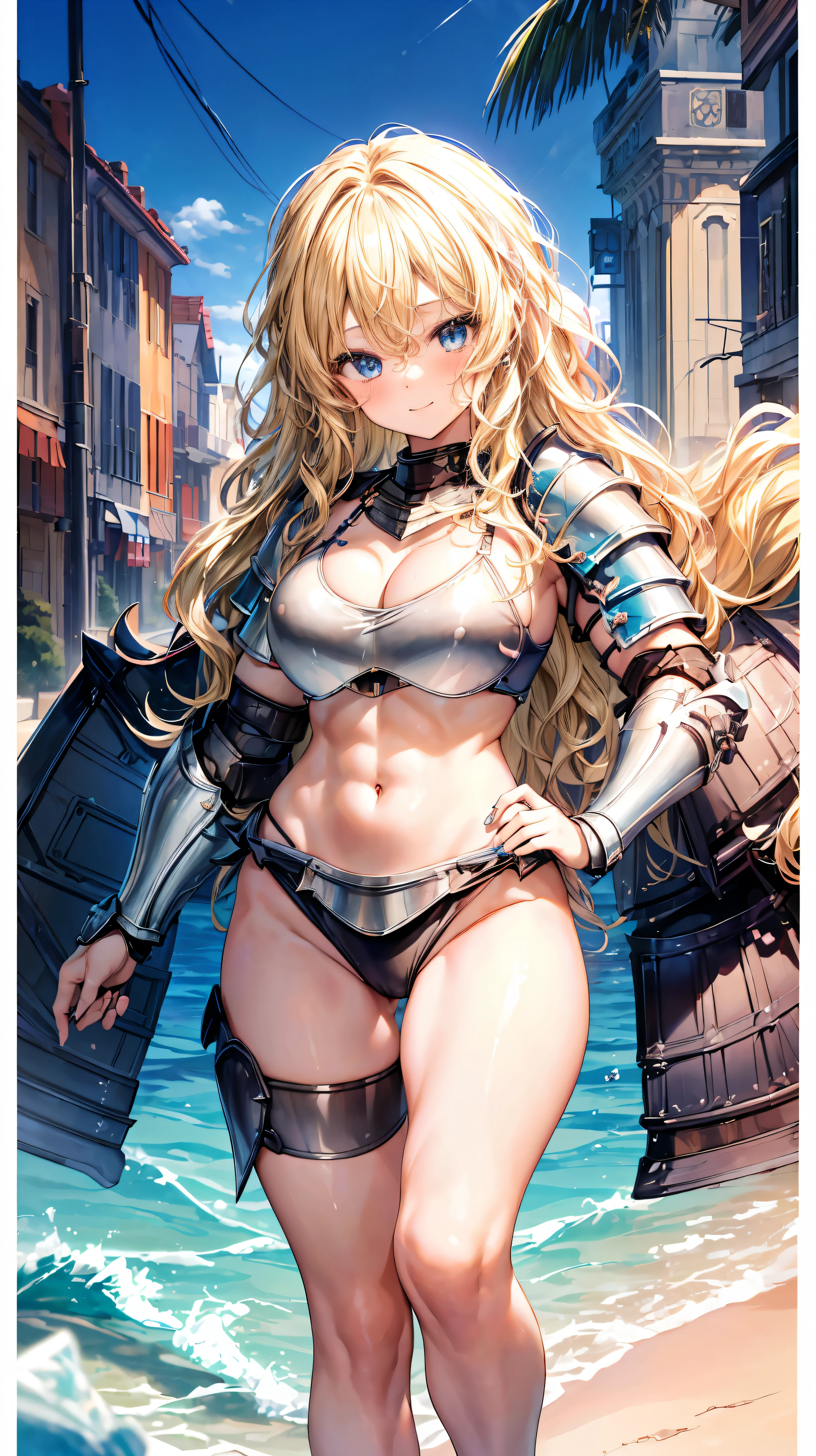 Very detailed、highest quality、Best image quality、masterpiece、8k、Anime Face、A kind smile、Open your mouth、Sparkling blue eyes、(Blonde wavy hair:1.5)、、Muscles of the whole body、Hands on hips、camisole、Thigh belt、mini skirt、(Wearing bikini armor:1.5)