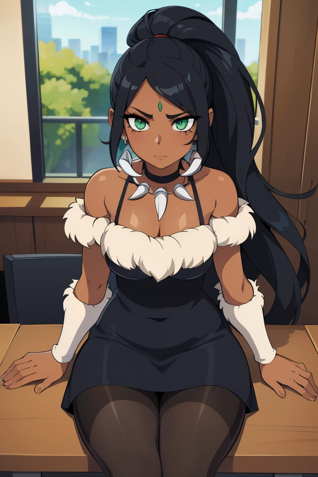 masterpiece, best quality, ultra-detailed, illustration, colorful, flat color, depth of field, 1girl, nidalee, anime, sitting, black hair, ponytail, green eyes, dark skin, fang necklace, white tribal marks, looking at viewer, at office, black business dress, pantyhose, black pantyhose, detailed skin texture, detailed cloth texture, beautiful detailed face