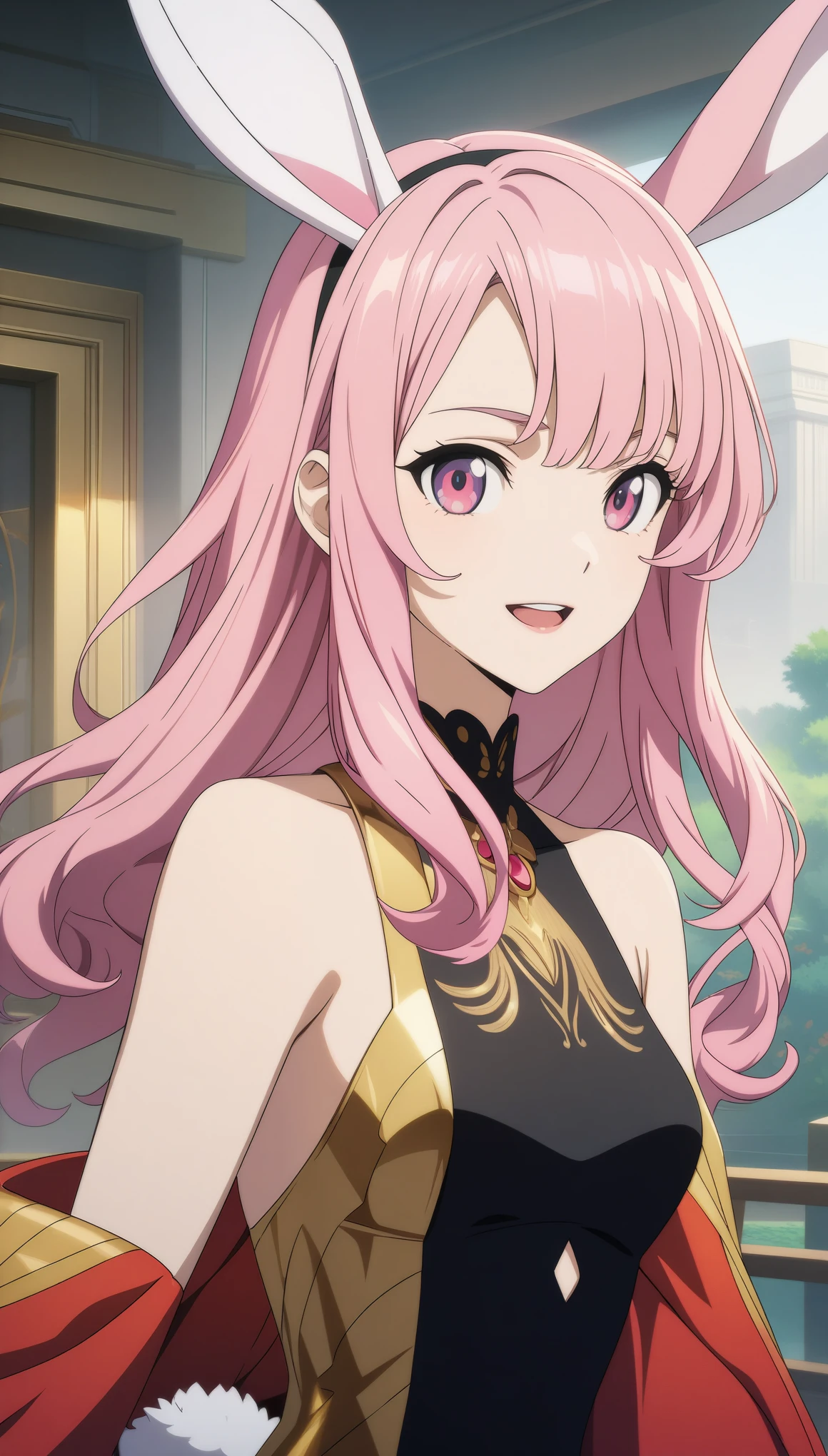 32k, highest quality, 超High resolution, High resolution, 超High resolution, Highly detailed CG, Unity 32K Wallpapers, Anime Style, Cartoon close-up of a woman with rabbit ears and a tail, With rabbit tail, With rabbit ears, Girl Design, Times, Portraiture, Gisha, Anime Images, Long Hair, Pink Hair, Hair covering the ears, Happy, Sophisticated and powerful appearance, exotic, expensive,