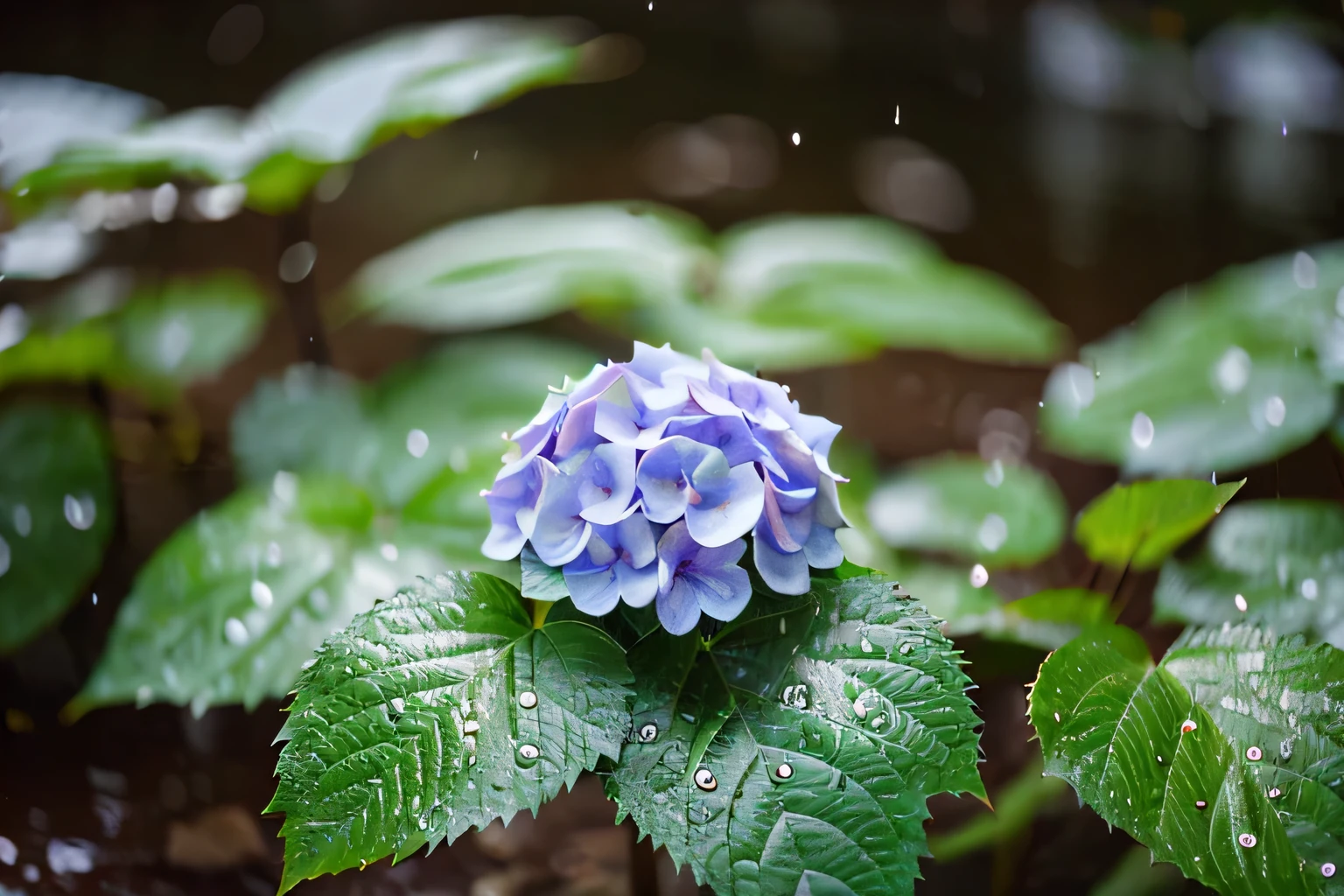 Hydrangea flowers wet with rain in the rainy season
