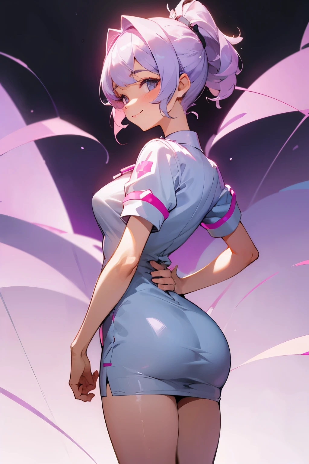 Cute girl alone, sweet smile, nurse outfit, short dress, short nurse outfit, cute, darling, lavender hair, wavy hair, tight dress, bodycon dress, short hair, ponytail