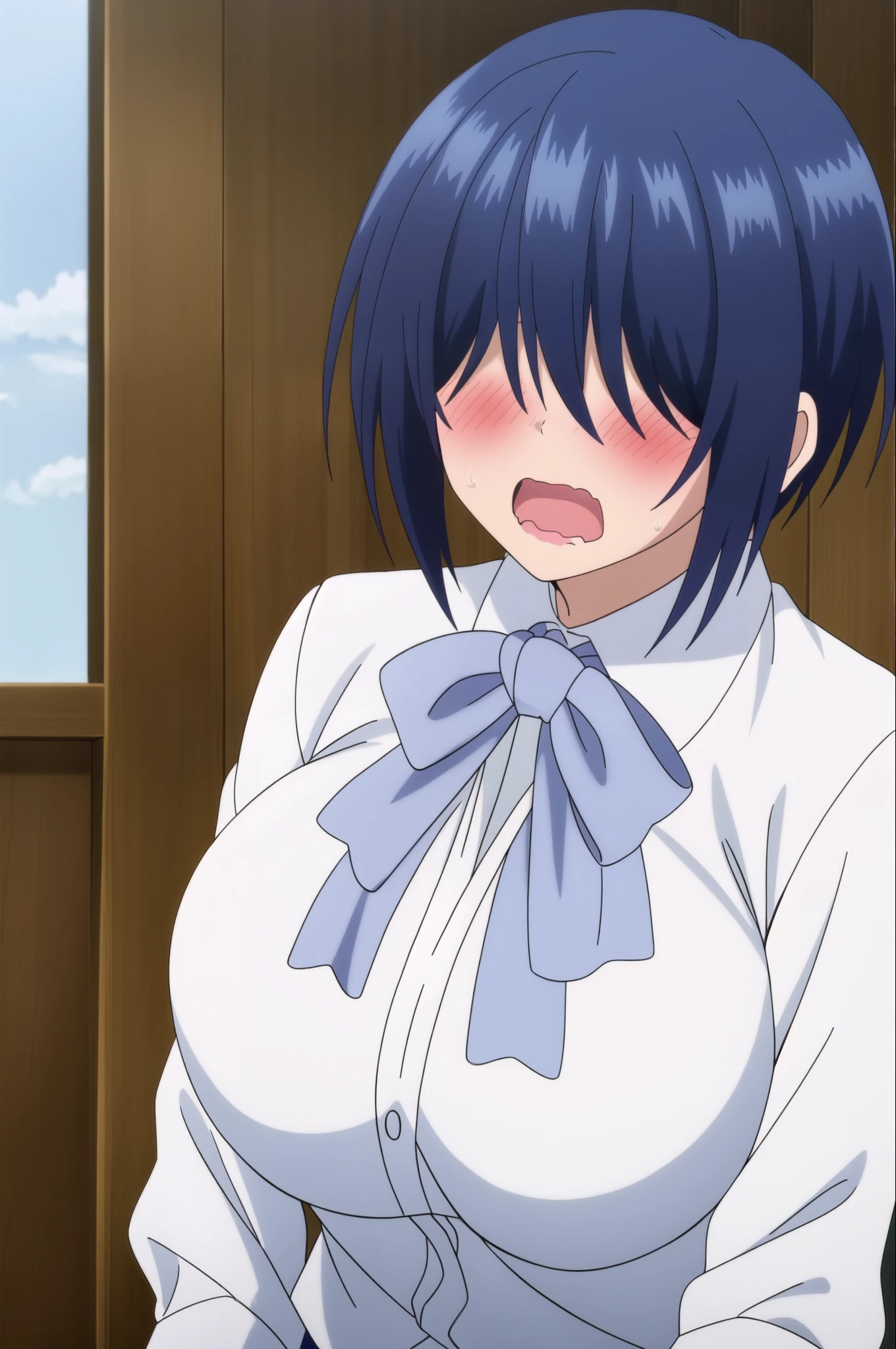 1girl, solo, blush, short hair, open mouth, white shirt, blue hair, bow, , blue hair, white shirt, upper body, bowtie, sweatdrop, pillow, huge breast, wavy mouth, hair over eyes