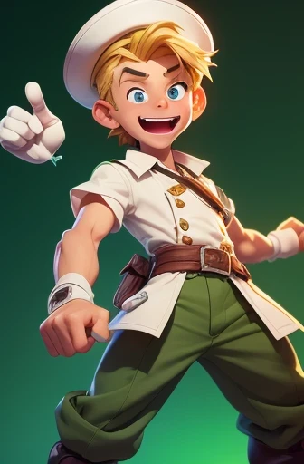 3D German man, with 2 arms and hands pointing to the right side, cascading blond hair with no facial hair, no facial beard, piercing eyes, with 2 arms and hands pointing to the right side, happy and exaggerated cartoon smile on the face with the mouth open showing its teeth, with the 2 arms and hands pointing to the right side, green hat with a white feather, white shirt with a brown Lederhosen, brown shorts, wearing long white socks with brown boots (clothes from Germany on the body), with the 2 arms and hands pointing to the right side, posture facing the viewer with the entire body visible, with the 2 arms and hands pointing to the right side, soft color palette, subtle lines in 3D style , completely green background.