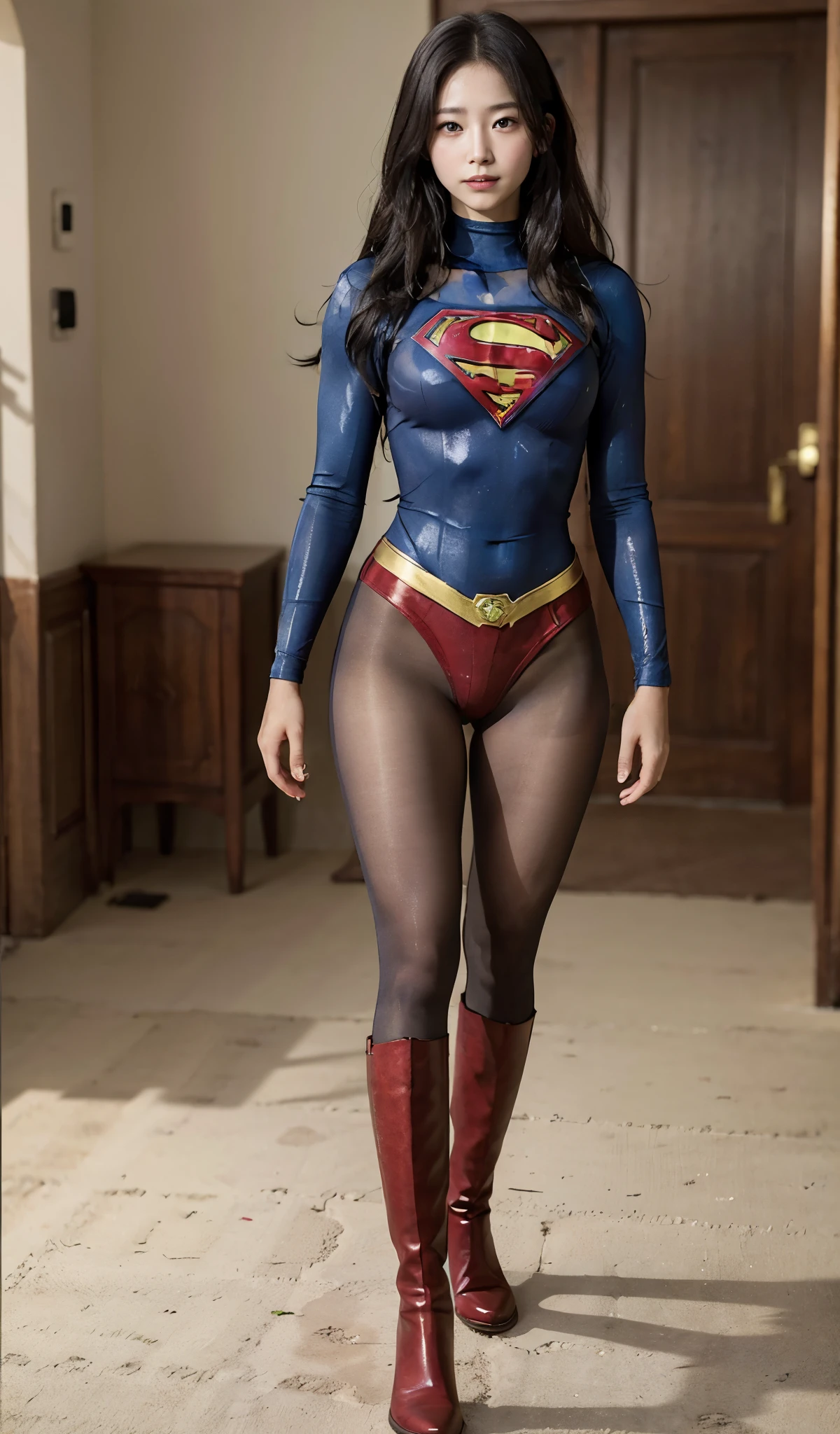No background、(((Beautiful legs in black tights.)))、(((Legally express the beauty of your smile)))、((((Make the most of your original images)))、(((Supergirl Costume)))、(((Beautiful Hair)))、(((suffering)))、(((Please wear black tights....、Wear red boots)))、((Best image quality、8k))、((highest quality、8k、masterpiece:1.3))、(((Preserve background )))、Sharp focus:1.2、Beautiful woman with perfect figure:1.4、Slim Abs:1.2、Wet body:1.5、Highly detailed face and skin texture、8k
