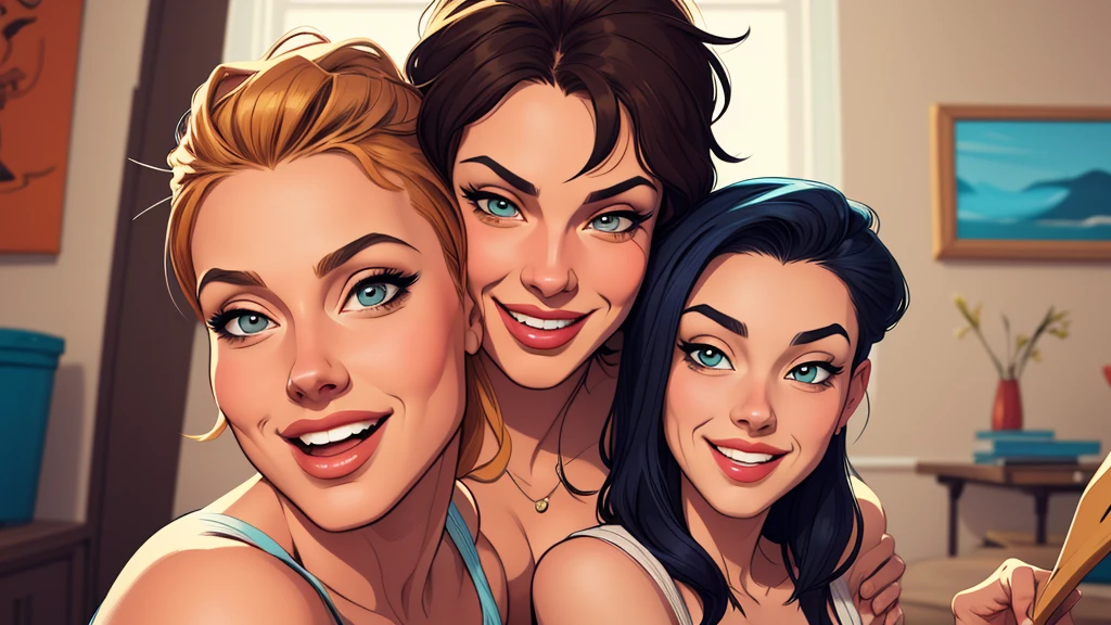 Xena princess warrior portrait mode sensual sesys style Cartoon style digital illustration together boyfriends Cartoon style character portrait mode Character cartoon style facial expression happy beautiful smile and six medium small portrait mode waist up