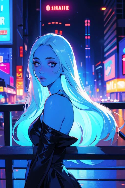 (best quality,4k,8k,highres,masterpiece:1.2),ultra-detailed, blue diamond from Steven Universe,(blue skin:1.1) wearing a black dress, holding a can of beer, cheekily looking at the viewer, with neon lights and a lo-fi city as the backdrop. The art style should be a portrait, with vibrant colors and a warm color tone. The lighting should create a moody atmosphere, with the neon lights casting a colorful glow on the girl and the cityscape.